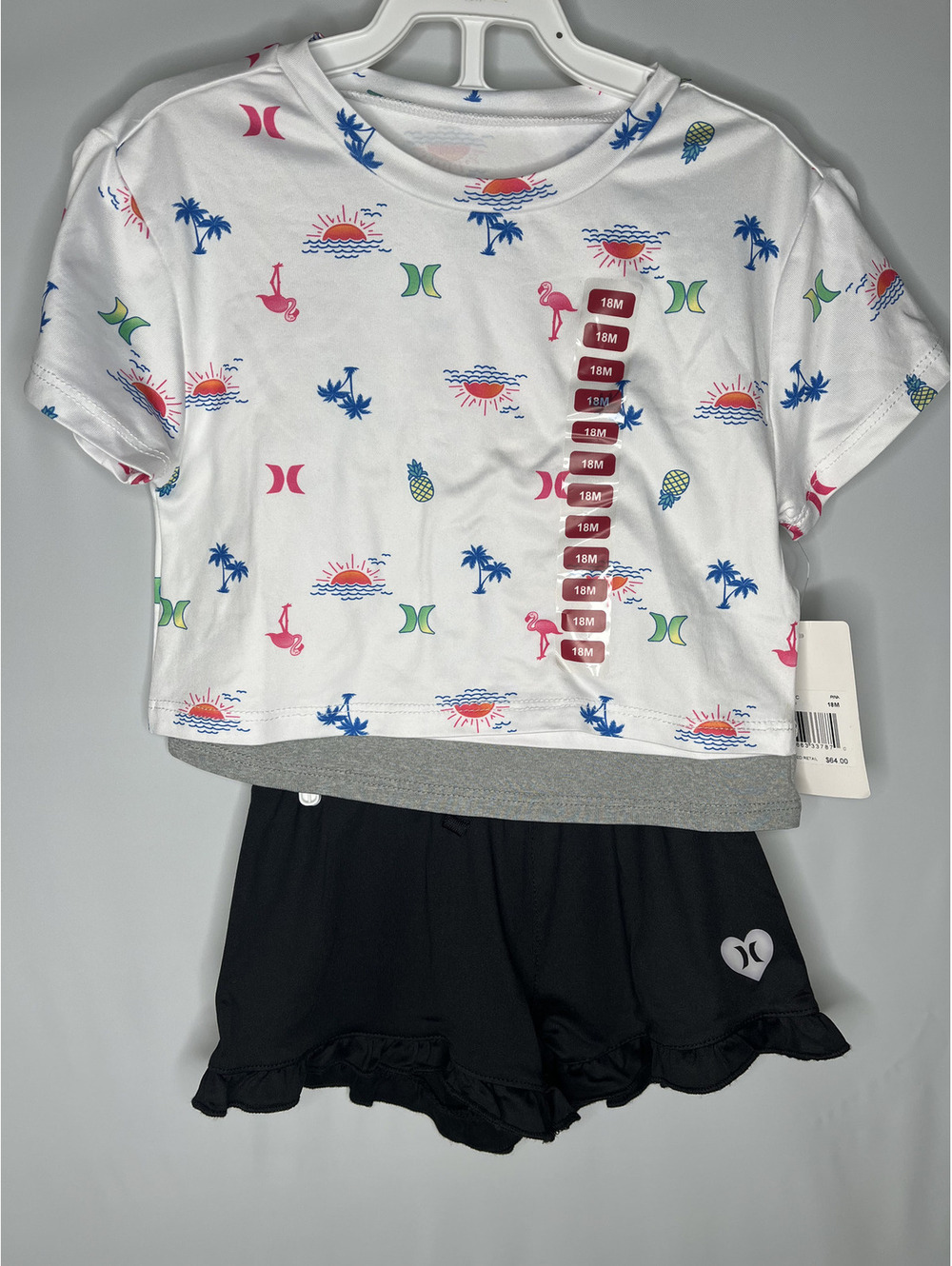 NWT Hurley Baby Girl Black/White/Gray 3 Piece Set-2 Shirts, 1 Shorts Size 18M